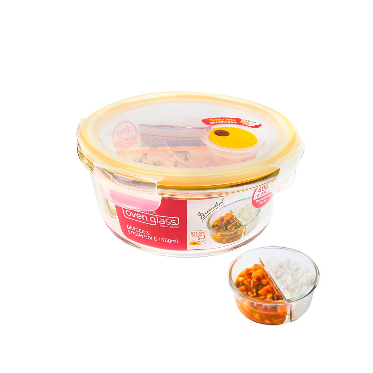 Envase Hermético Vidrio 900 ml Ovenglass Euro Redondo con División